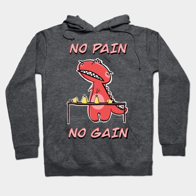 Funny Red T-Rex Practicing Handbells "No Pain, No Gain" Hoodie by SubtleSplit